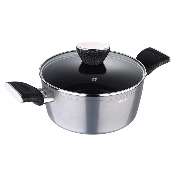 Bergner Carbon TT Forged Aluminium Non-Stick Casserole with Glass Lid, 24 cm, 4.6 Liters, Induction Base, Metallic Grey