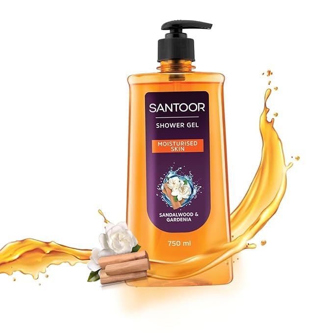 Santoor Moisturizing Shower Gel 750ml With Natural Sandalwood & Gardenia Extracts| For Men & Women| Moisturizing Body Wash With Glycerin | Suitable For All Skin Types| No Parabens| No Silicones