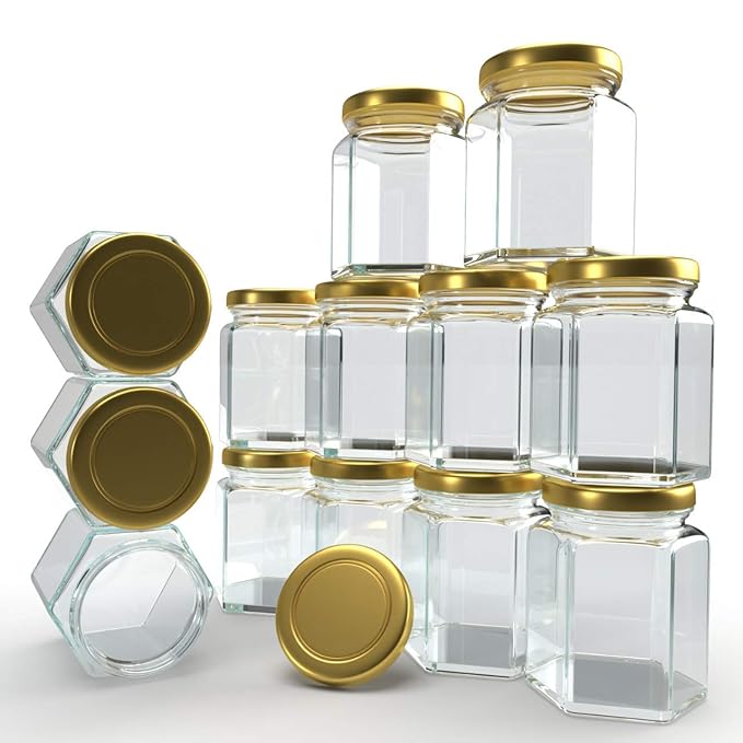 hexagon Design 250 Gram (ml) Glass jar with Airtight Black Lid for Masala Storage Jar, Candy, Spice, Kitchen Jar and Container (Gold lid, 6)