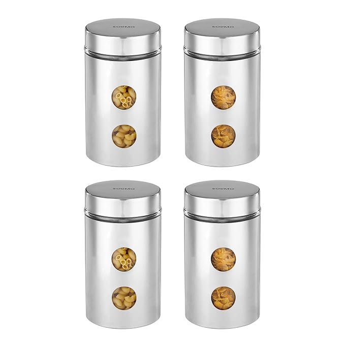 Amazon Brand – Solimo Drip Window Steel Jacketed Glass Jar | Multipurpose Kitchen Organizer With See-Through Window | 1200 Ml Set Of 4 – Silver