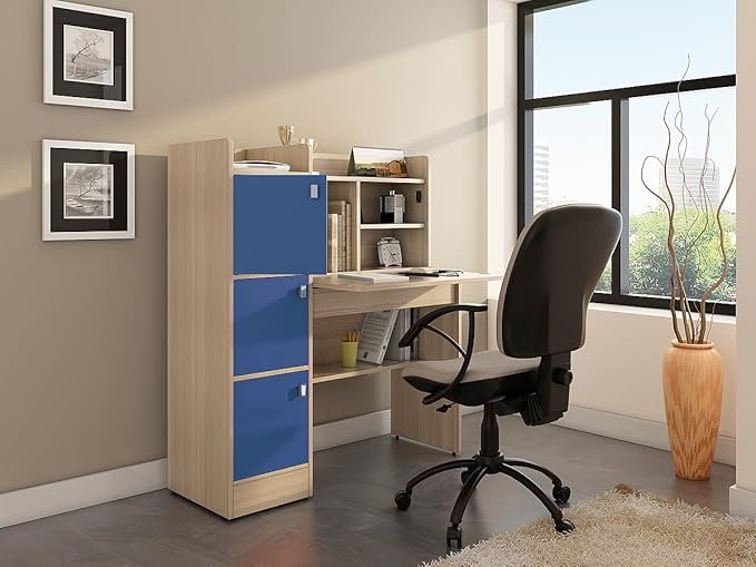 Spacewood Study Table | 3 Year Warranty | Coral|Study Desk with Book Shelf, Office Table, Study Table for Adults, Table with 4 Shelves and 3 Shutter Storage | Engineered Wood | Drift Wood WP