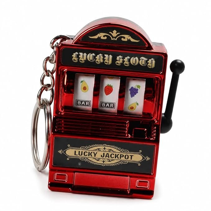 Mini Arcade Slot Machine Keychain with Fruit Reel Display, Retro Novelty Key Ring and Bag Charm for Keys, Backpacks, Party Favors, Collectors and Festival Gifting