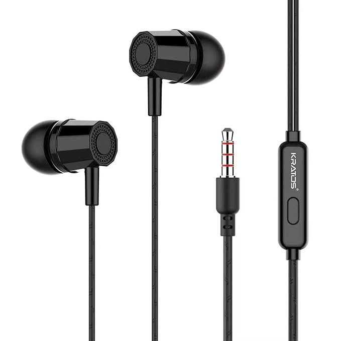 Kratos E02 Black Wired Earphones with 3.5mm Jack in-line Mic Control for Clear Calling & Music, Multi-Functional Controller,Sweat Resistant,Comfort Fit Wired Ear Phones,Compatibility with All Mobiles