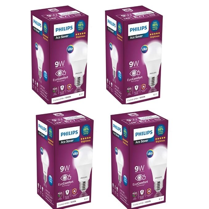 Philips Base E27 9 Watts LED Bulb (Pack of 4, White & Cool Day Light)