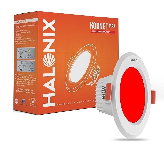 Halonix Polycarbonate 5.5W Red Kornet Junction Box led Downlighter|Cut Out- 3 inch, Dia- 4.13, Height- 1.96 inch||Downlighter for Home, Shop and Office|Pack of 1, Red.