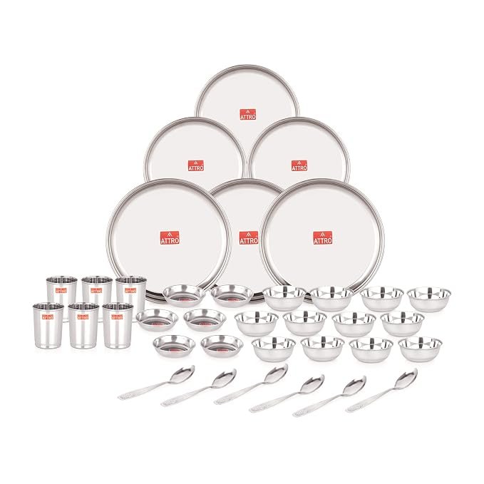 Attro 36 Pieces Smart Stainless Steel Dinnerware/Dinner Set – 6 Thali, 6 D.Plate, 12 Bowl, 6 Glass, 6 Spoon, Kitchen Set for Home & Restaurants, Family – Silver,Solid