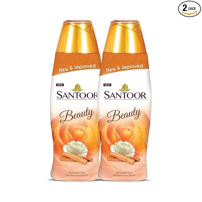 Santoor Beauty Perfumed Talc with Sandalwood Extracts| Sandal, Rose, Musk & Geranium Mint Fragrance (150g, Pack of 2)