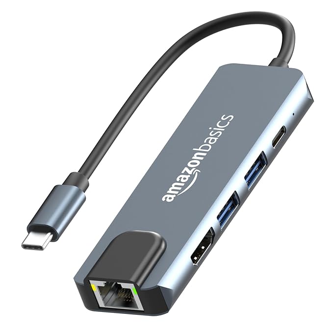Amazon Basics 5-in-1 Hub Multiport Adapter, USB Type-C with Aluminium Shell