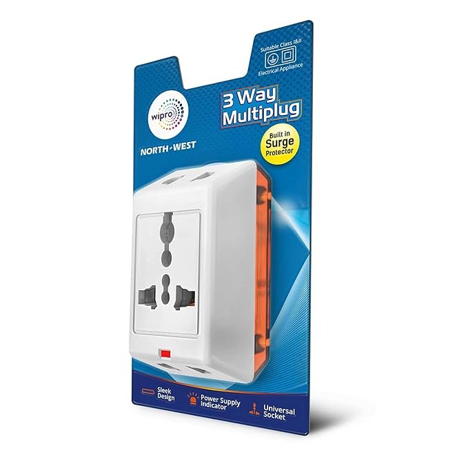 Wipro 3 Way Multiplug Adaptor with 1 Universal Sockets |Inbuilt Surge Protection & Power supply Indicator | Compact & Light weight | 6Amp Multiplug socket for Home, Office | Pack of 6 (White)