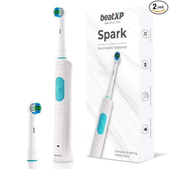 beatXP Spark Sonic Electric Toothbrush for Adults with 2 Brush Heads & Smart Cleaning Modes | Rechargeable Electric Toothbrush | 30000 strokes/min with Long Battery Life (White)