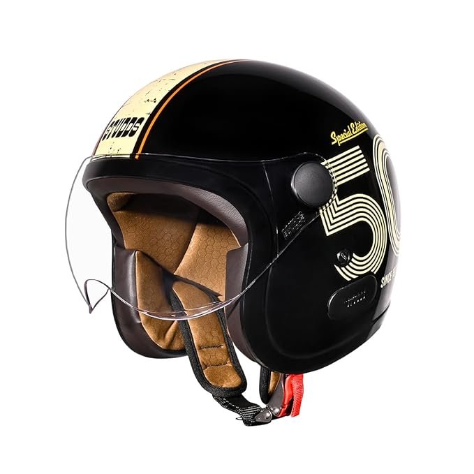 Studds Jet 50 Open Face ISI Certified Helmet | Lightweight with Chopper Visor & Stainless Steel Buckle Black – Yellow – L