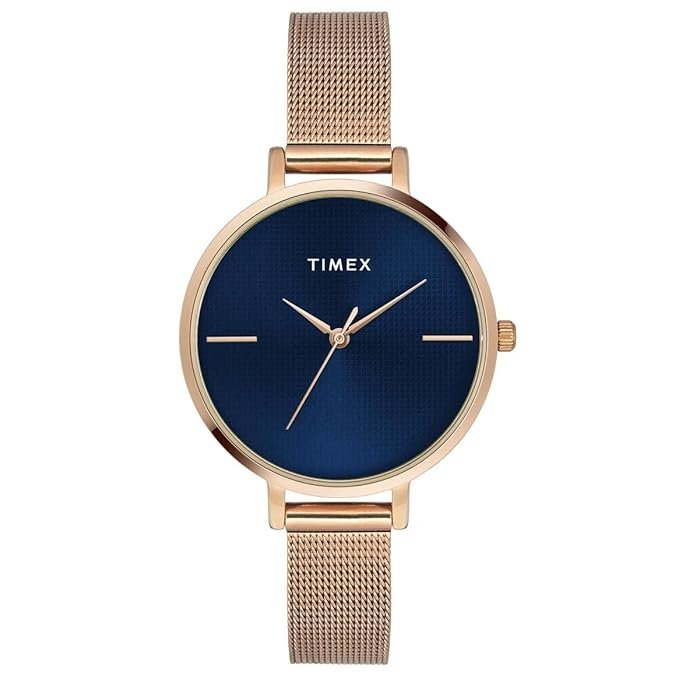 TIMEX Analog Watch for Women with Blue Round Dial & Rose Gold Stainless Steel Bracelet Band Water Resistant Women’s Wrist Watches – TWEL155SMU07