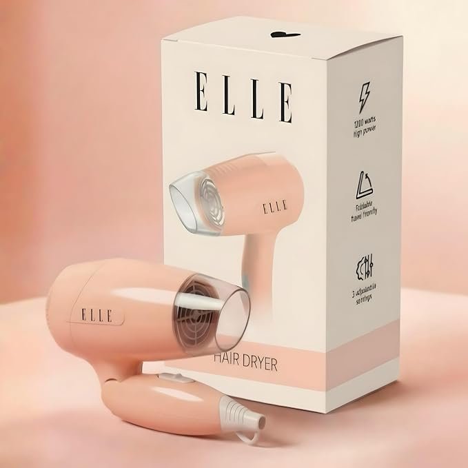 ELLE Hair Dryer 1200W Foldable 3 Heat Cool Shot Overheat Protection | 1200W motor, 3 heat settings plus cool shot, foldable handle for travel, double overheat protection, all hair types