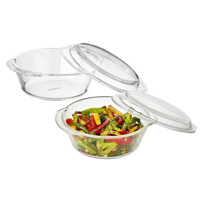 Amazon Brand – Solimo Borosilicate Glass Casserole-Cum-Serving Bowl with Lid | Oven & Microwave Safe | Deep Round | 1 L | Transparent