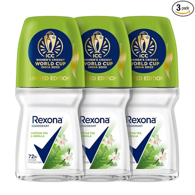 Rexona Matcha Tea & Vanilla Antiperspirant Roll-On | for Women | 72H Odour Protection | Limited Edition Pack – ICC Women’s Cricket World Cup India 2025 |50 ML (Pack of 3)