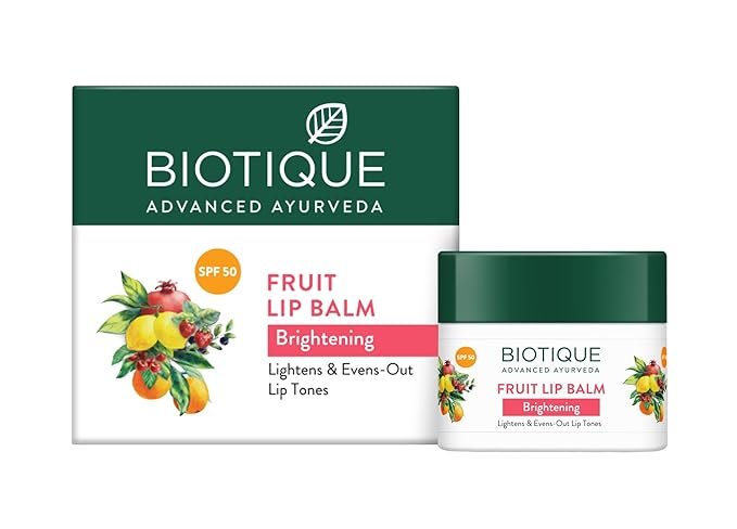 Biotique Fruit Whitening/Brightening Lip Balm SPF 50 | Hydrated and Nourishing Lips | Visibly Lighter Lips | Evens Out Lip Tone | De-pigmentation Balm |100% Botanical Extracts| All Skin Types | 10gm