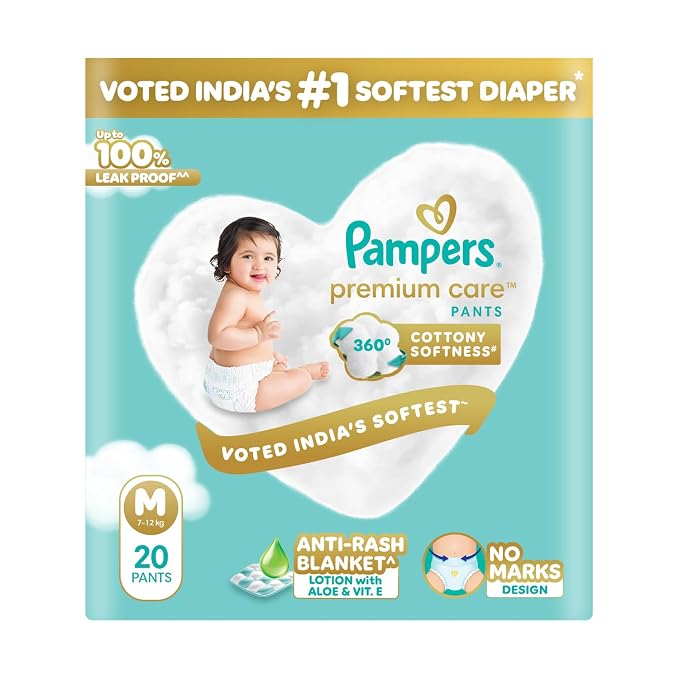 Pampers Premium Care Pant Style Baby Diapers M 20 Count | No Marks Design | Voted India’s #1 Softest Diaper | All in 1 diaper with 360 Cottony Softness