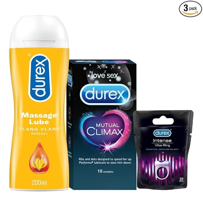 Durex Mutual Climax Condoms – 10s + Durex Play Massage 2in1 Sensual – 200 ml + Durex Play Vibrating Ring