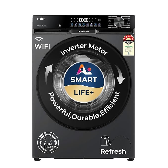 Haier 9 Kg, 5 Star, AI Smart LIFE+, Hygienic Care, ABT, 525 mm Super Drum, Refresh, Direct Motion Motor, WiFi enabled, Fully Automatic Front Load Washer (EFL90-IM14F5ES8U1 | Dark Jade Silver)