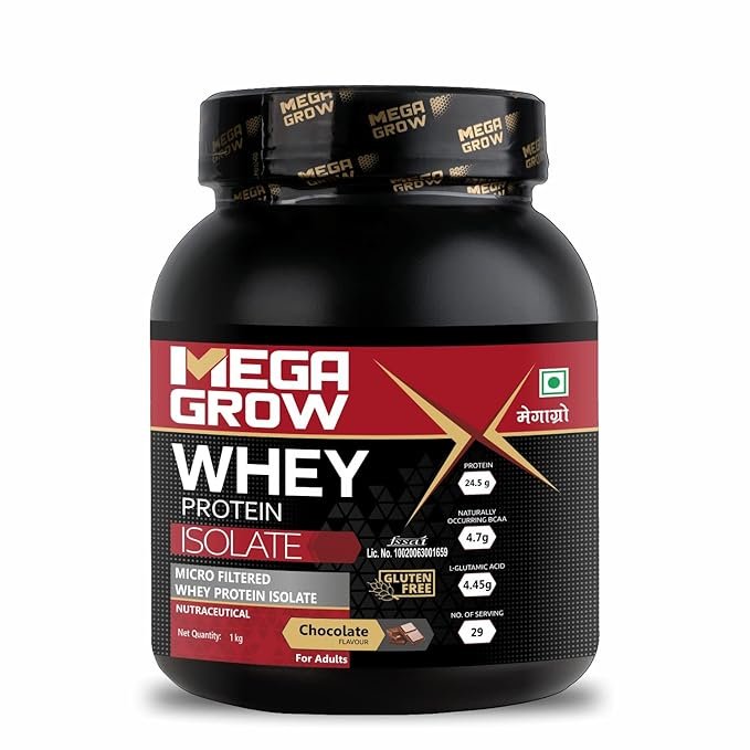 Megagrow Whey Isolate Protein Powder for Men, Chocolate Flavor 1kg 24.5g Protein, 4.7g BCAA-29 Servings