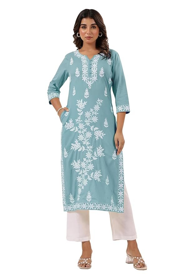 Janasya Women’s Pure Cotton Embroidered Straight Kurta