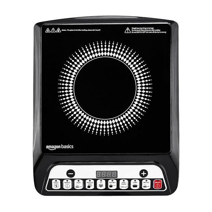 Amazon Basics 1600W Induction Cooktop | 7 Pre-Set Cooking Menus | LED Display | Smart Push Buttons I Energy Efficient, Auto Cut-off, 20A IGBT & 4KV Surge Protection I Black