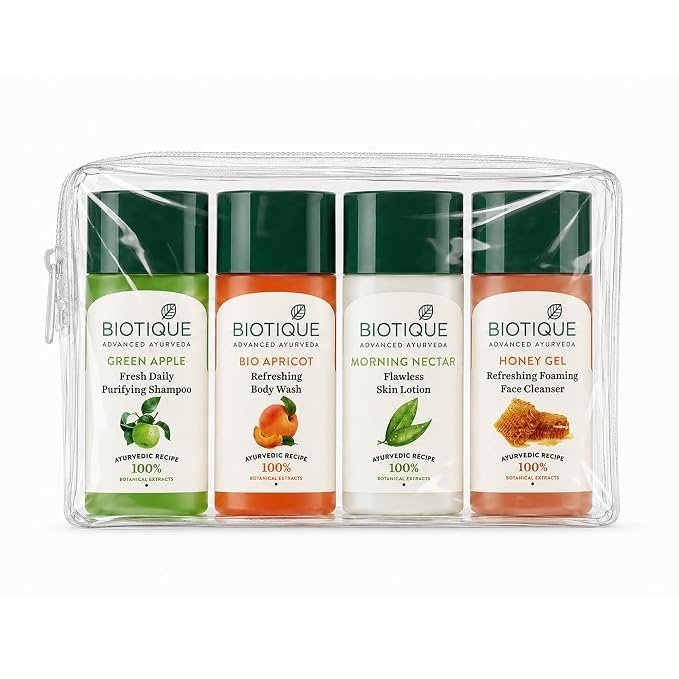 Biotique Travel Kit | Includes Green Apple, Bio Apricot, Morning Nectar & Honey Gel | Mini Skincare & Haircare Essentials for Travel | Enriched with 100% Botanical Extracts