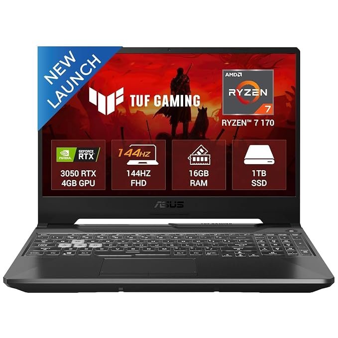 ASUS TUF A15, Smartchoice,AMD Ryzen 7 170,RTX 3050-4GB,16GB RAM (Upgradeable),1TB SSD,FHD, 15.6″(39.6 cm),Win 11 Home, M365 Basic(1Y),Office 2024, Black, 2.3 Kg, FA506NCQ-HN009WS, Gaming Laptop