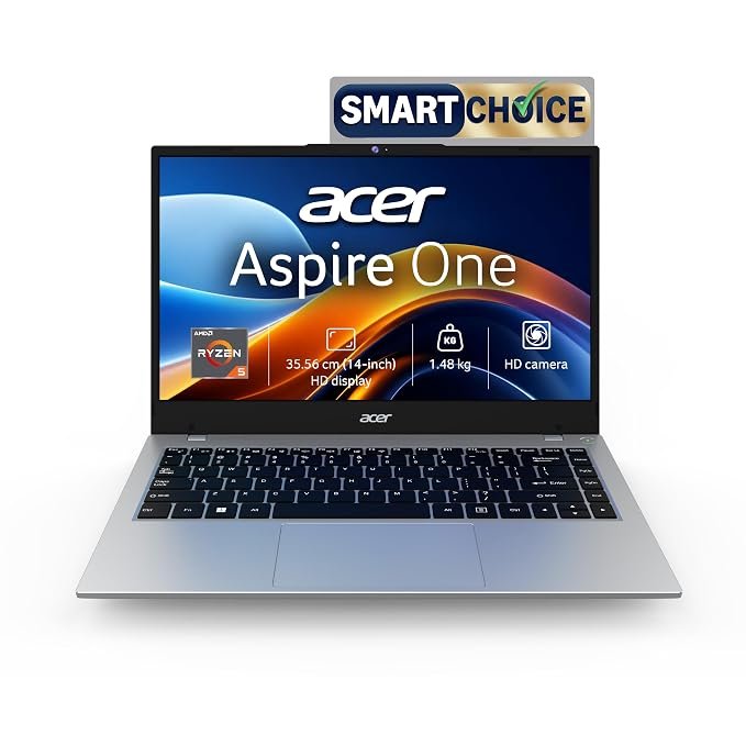 Acer Smartchoice Aspire One, AMD Ryzen 5-40,Office 2024 + M365 Basic, 8GB LPDDR5 RAM/ 512GB SSD, 14.0″/35.56cm WXGA Display, Win 11 Home, Pure Silver, 1.48KG, A114-43, Thin and Light Laptop