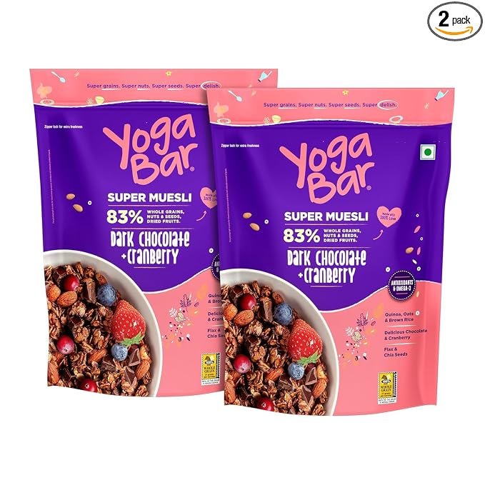 Yogabar Wholegrain Breakfast Muesli 900g (450g x 2), Dark Chocolate Cranberry, 25% Dry Fruits, Nuts and Seeds | Healthy Breakfast Cereals | Gluten Free | Healthy Food for Breakfast | Protein Rich