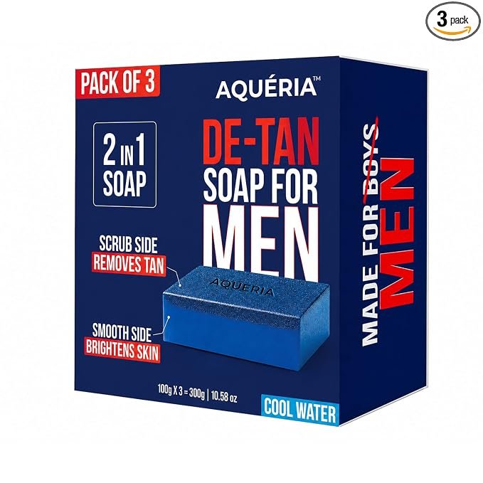 Aqueria De-Tan & Brightening 2-in-1 Bath Soap for Men | Cool Water Perfume | Scrub Side for Tan Removal & Gentle Exfoliation | Smooth Side for Skin Brightening & Hydration | Deep Cleansing Face & Body Soap For Fresh, Healthy-Looking Skin | 300g (Pack of 3) | Suitable For Daily Use – Lasts Upto 90 Washes.