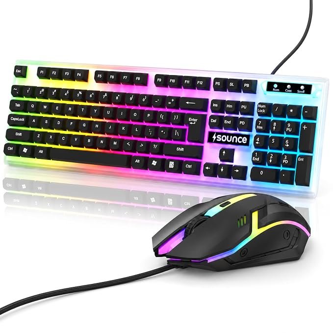 Sounce Wired Keyboard and Mouse Combo Compatible with Laptop, Desktop, PC, 104 Keys, 1600 DPI Ergonomic Mouse, 1.3m Cable, Multicolor LED (White + Black)
