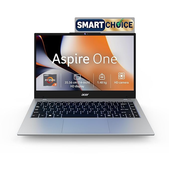Acer Smartchoice Aspire One, AMD Ryzen 3-7320U, Office 2024 + M365 Basic, 8GB LPDDR5 RAM/ 256GB SSD, 14.0″/35.56cm TN HD Display, Win 11 Home, Pure Silver, 1.48KG, A114-43, Thin and Light Laptop