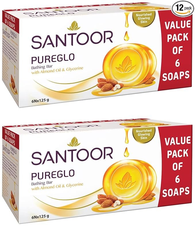Santoor PureGlo Glycerine Bath Soap with Almond Oil for moisturized, nourished and shining Skin, Combo Offer 125g Pack of 12