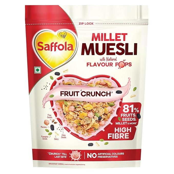 Saffola Millet Muesli with Crunchy Flavour Pops & High Fibre | 650g | Fruit Crunch | 81% Fruits, Seeds & More | Power of Millet | Goodness of 5: Protein, Fibre, Vitamins, Iron & Jowar