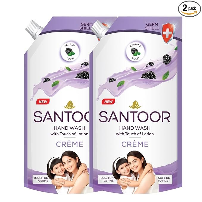 Santoor Crème Handwash 600ml, Pack of 2 with Touch of Lotion| Made with Berries & Tulsi| Rich Lathering Formula with Anti-Bacterial Properties| Soft on Hands| Soothes & Hydrates Skin