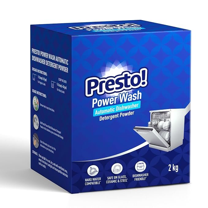 Amazon Brand – Presto! Power Wash Automatic Dishwasher Detergent powder | 2 Kg | 1 Kg X Pack of 2 | Prevents Stains, Removes Limescale | Sparkling Clean Dishes & Glassware, Tough on Stains & Residue