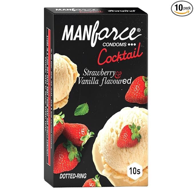 Manforce Cocktail Condoms with Dotted-Rings, Strawberry & Vanilla Flavoured- 10 Pieces