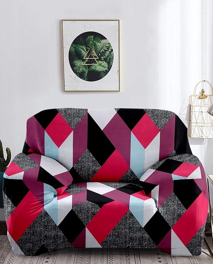 Cortina Sofa Cover Single Seater | Geometry Print | Polyester Spandex Fabric | Machine Washable | Couch Covers, Suitable for Home, Office, Functions | Soft, High-Density Fabric | Durable | Pink