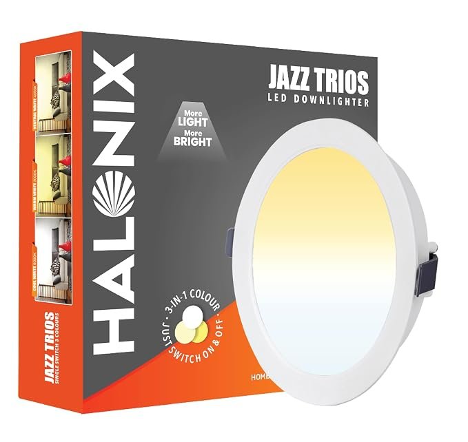Halonix Polycarbonate Dimmable 6W Jazz Multi-Color 3 in 1 Ceiling Light for Hall, Room, Office, Shop | Cutout-6 inch|| Led Recessed Downlighter | Color-White,Off White,Yellow| Pack 1