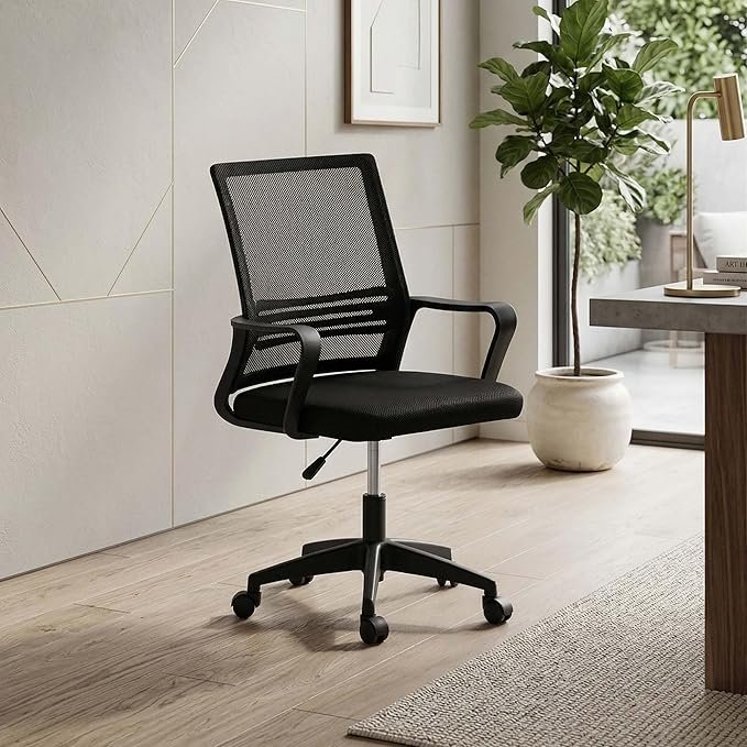 Royaloak Alba Mesh Medium Back Chair | Ergonomic Office Chairs for Home with Breathable Nylon Mesh, Cushioned Seat, Fixed Armrests & Height Adjustment | 360° Swivel, Strong Base & Smooth Castors