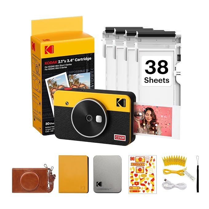 KODAK Mini Shot 2 Retro 2×3 Instant Camera, 38 Sheets Gift Bundle, Yellow | Bluetooth, iPhone & Android Smartphone Compatible, 13MP Camera, Retake Before Printing, Water, Fingerprint & Fade Resistant