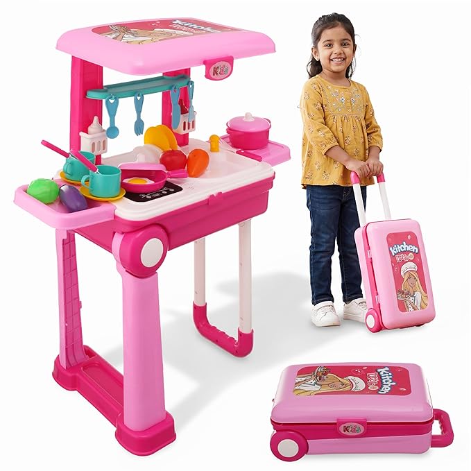 Lifelong Big Kitchen Play Set for Kids 3–8 Yrs | Light & Sound Portable Suitcase Toy Kitchen | 28 Pieces Pretend Cooking Accessories, Stove, Pots, Pans & Play Food |Playset for Girls (Pink, 39*20*12)