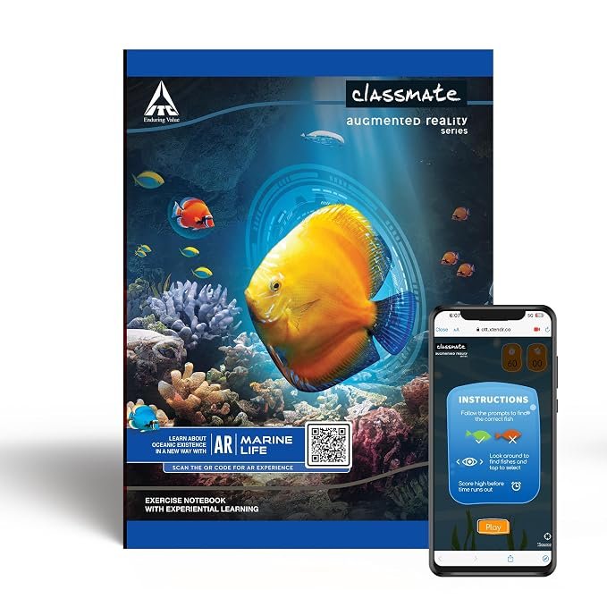 Classmate Augmented Reality Notebooks – 172 Pages | Pack of 4 Short Size Ruled Notebooks for School Students | Immersive AR Learning Experience | 24.0cm x 18.0cm | Single Line AR Notebook