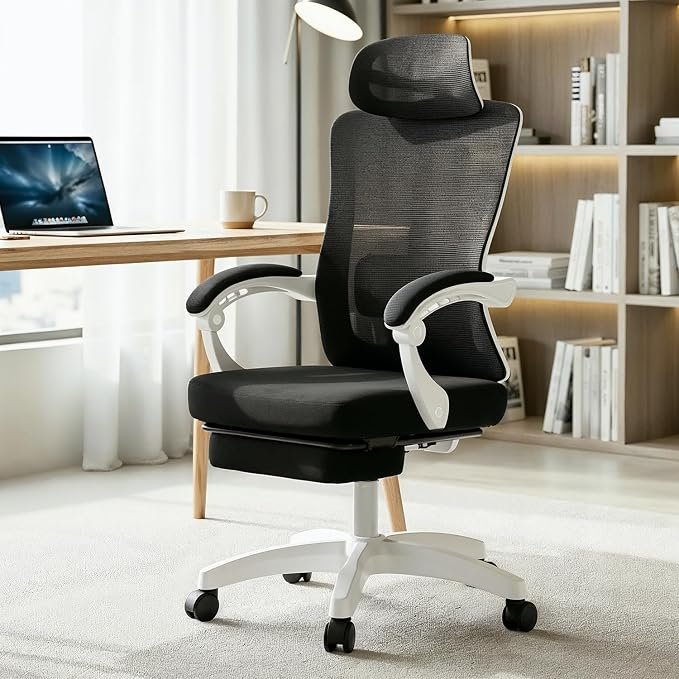 DROGO Flexo Ergonomic Office Chair for Work from Home with Mesh, Armrest, 2D Headrest & Adjustable Lumbar Support | Computer Chair for Study | Gaming Chair with Footrest & Recline (Black/White)