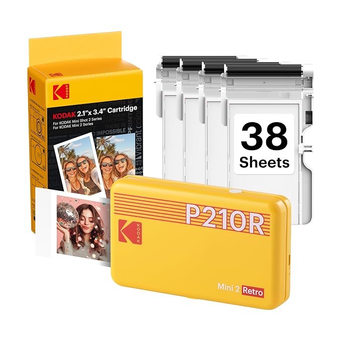 KODAK Mini 2 Retro 2×3 Portable Photo Printer, 4PASS, 38 Sheets, Yellow | Bluetooth, iPhone & Android Smartphone Compatible, Smudge-Proof, Water-Resistant, Fade-Resistant