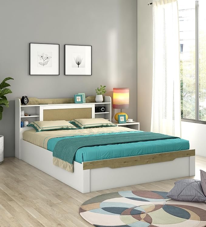 Spacewood Lilly Bed | Queen Size (78 X 60) Engineered Wood Bed with Box Storage| 3 Year Warranty | Modern Design | Kingston White