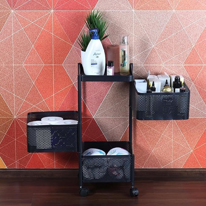 CELLO Kitchen Pro Trolley with Wheels | Storage Organizer & Kitchen Accessories (Black,Layer 3)