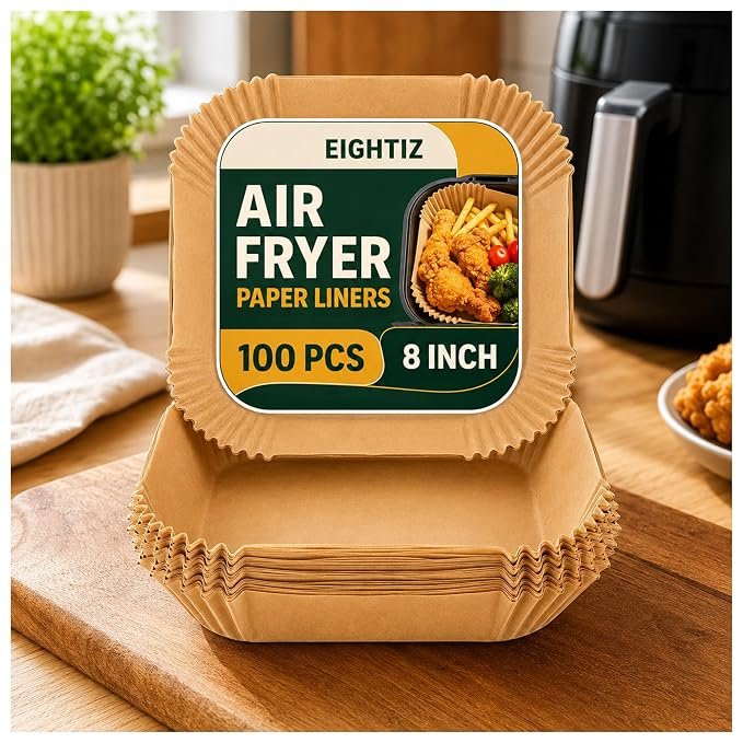 Eightiz 100 PCS Air Fryer Paper Liners, Disposable Parchment Paper, Oil-Proof Non-Stick Baking Sheets for Air Fryer, Microwave, Baking, Roasting, Frying & Cooking (Square, 8 Inch).