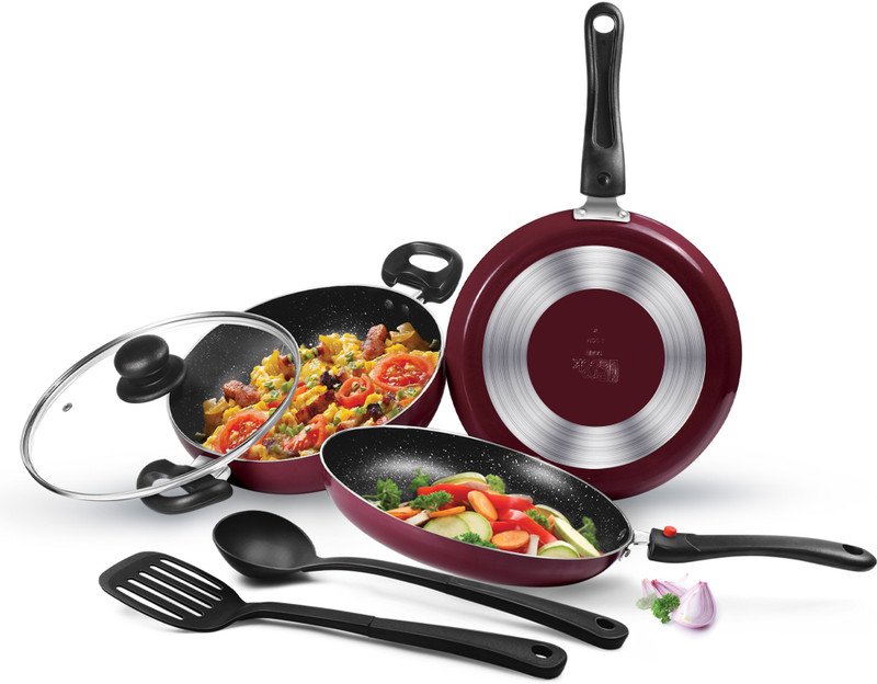 MILTON Pro Cook Kitchen Pride Non Induction Cookware, Maroon Non-Stick Coated Cookware Set (Aluminium, 3 – Piece) (Maroon)